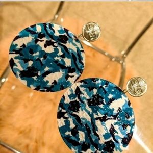 ❗ CLEARANCE ❗ Blue Camouflage Large Circle Metal Hammered Pierced Earrings